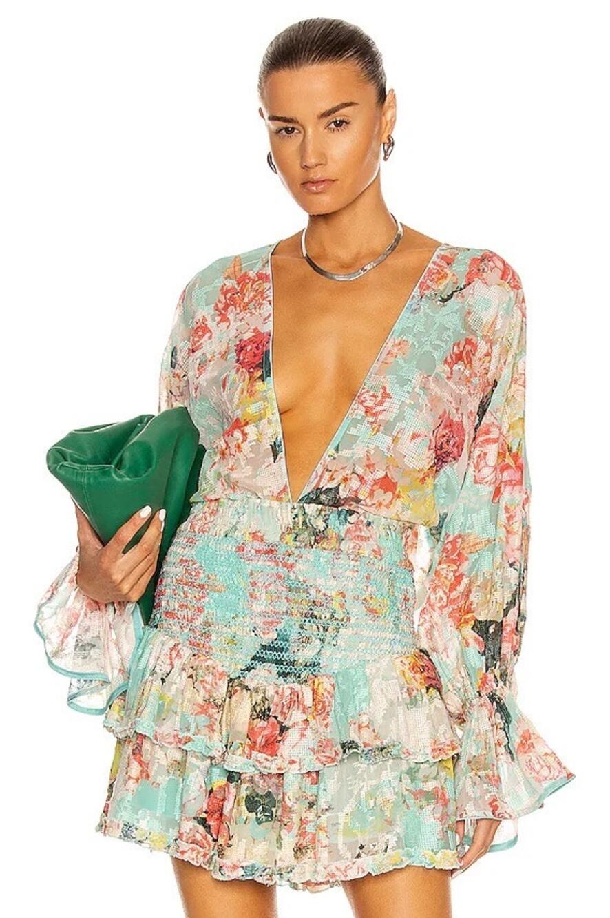 Hemant & Nandita Teal Floral Plunge V-Neck Smocked Long Sleeve Mini Dress S